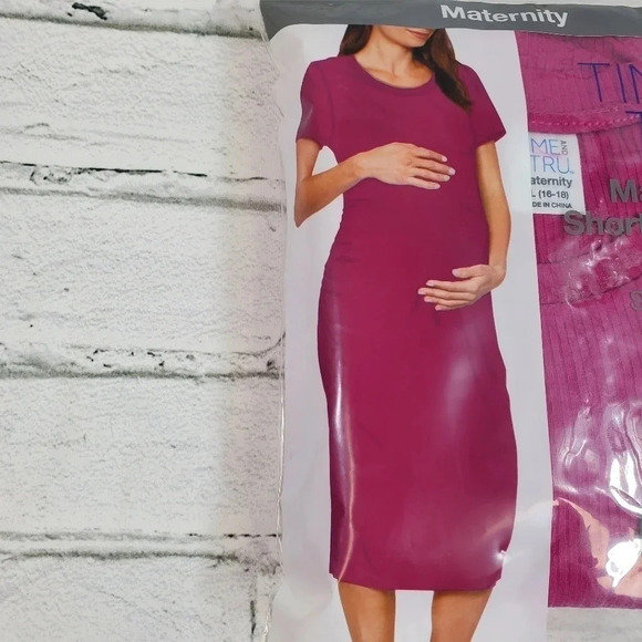 Pink/Fuchsia Womens Maternity Dress Short Sleeve, Side Rouching, Scoop Neck - Picture 4 of 6